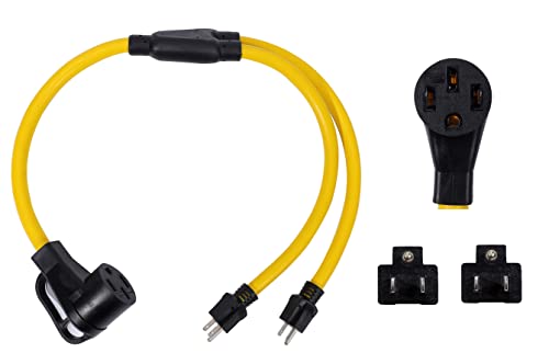 ONETAK NEMA 2 Port 5-15P 120V 15 Amp 3 Prong Plug Male to 14-50R 120/240V 30Amp 4 Prong Female Receptacle Y Combiner STW 3 Feet Generator Welder Dryer Power Cord Adapter