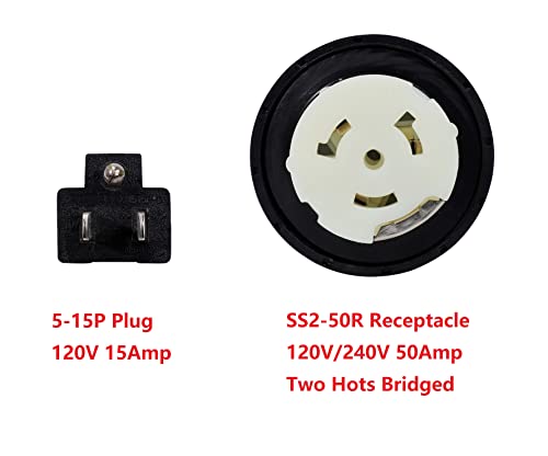 ONETAK NEMA 5-15P to SS2-50R 120V 15 Amp10 AWG 3 Prong Male Plug to 4 Prong Two Hots Bridged Twist Lock Female Outlet Receptacle RV Generator Marine Shore Power Cord Adapter