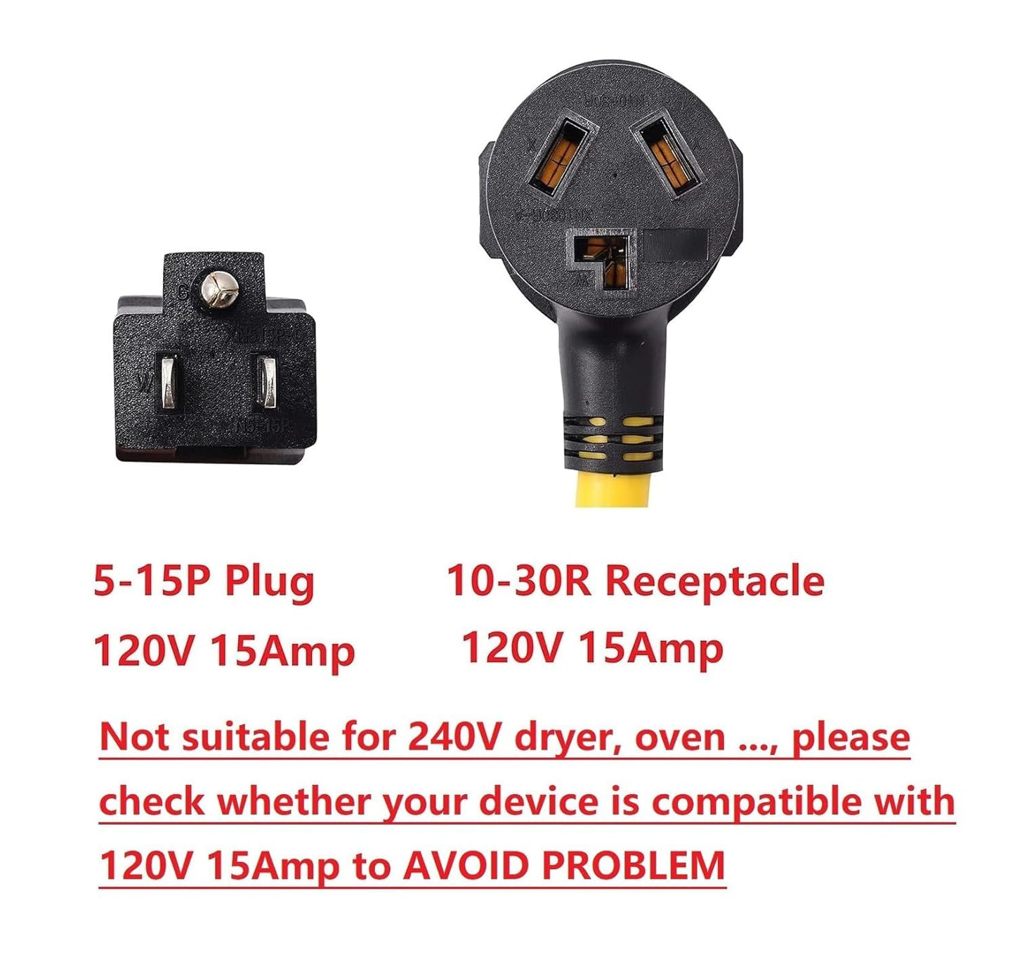 ONETAK NEMA 5-15P to 10-30R 120V 15 Amp 3 Prong Male Plug to 3 Prong Female Receptacle ONLY for 120V Device RV Welder Power Cord Adapter