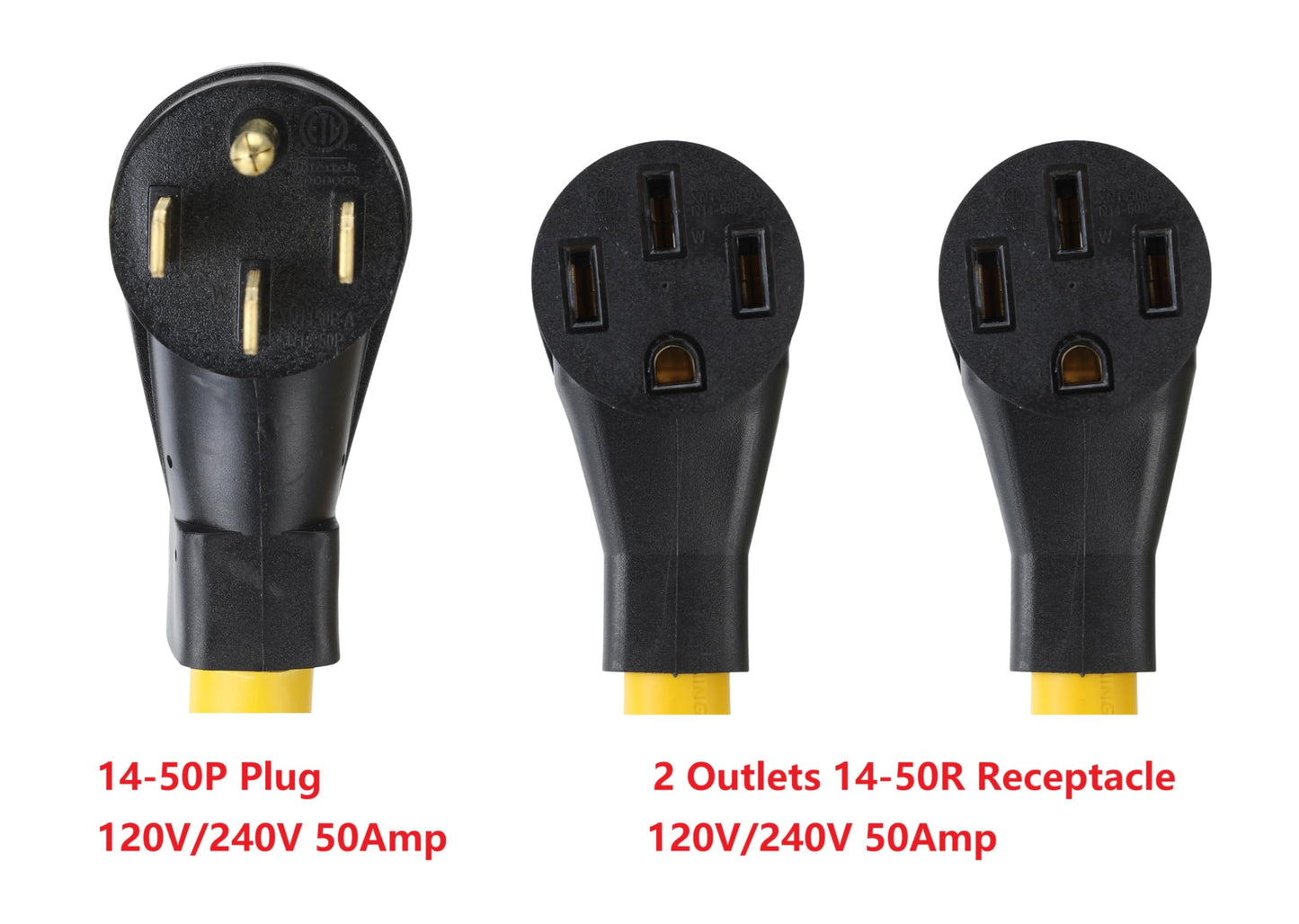 14-50P to 2 Outlet 14-50R Y Splitter 120V/240V 50 Amp 4 Prong Male Plug Female Receptacle Welder Generator Dryer RV Power Cord Adapter