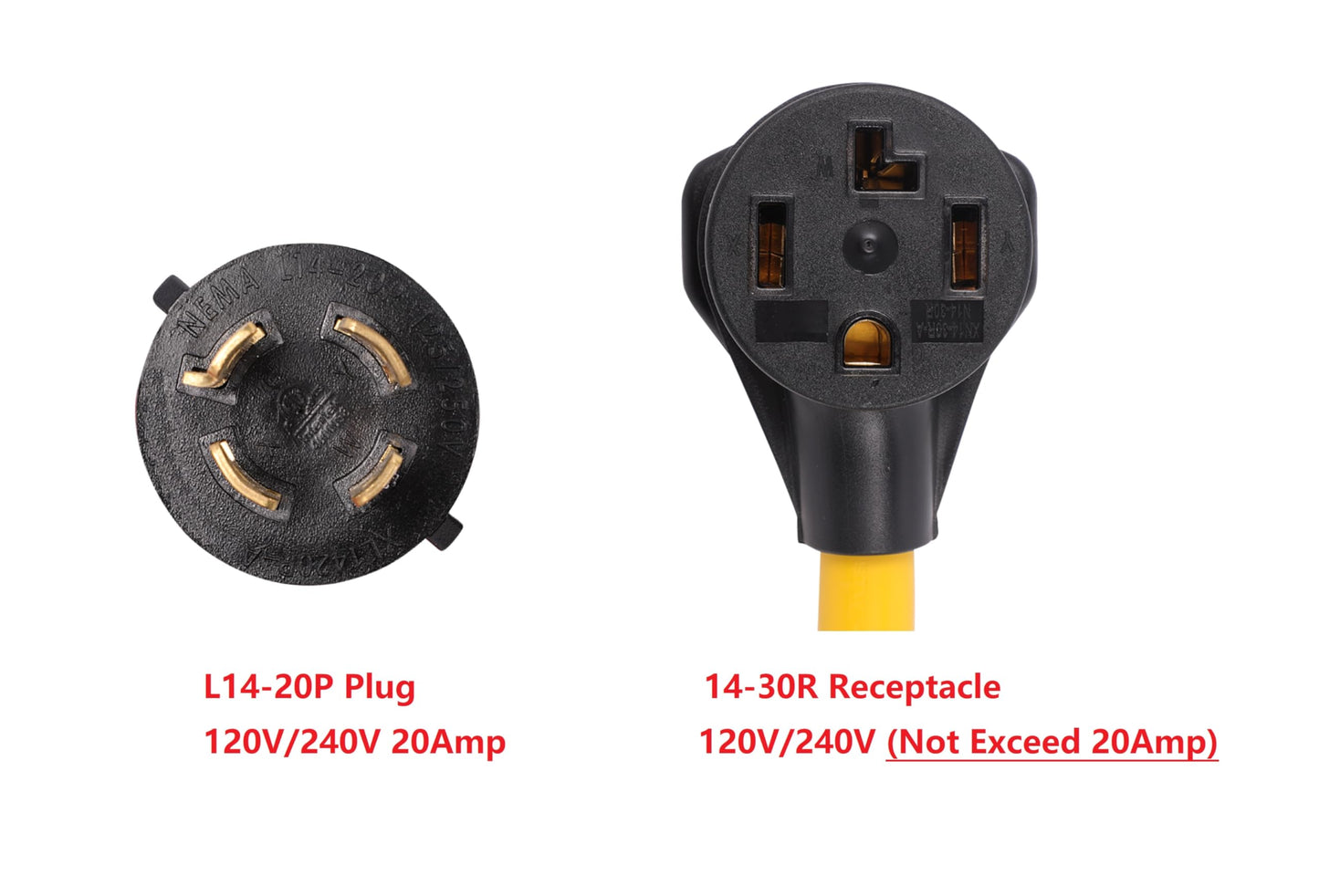 NEMA L14-20P to 14-30R 120V/240V 20 Amp Twist Lock 4 Prong Plug to 4 Prong Female Outlet Receptacle Generator RV Welder Dryer EV Charger Power Cord Adapter