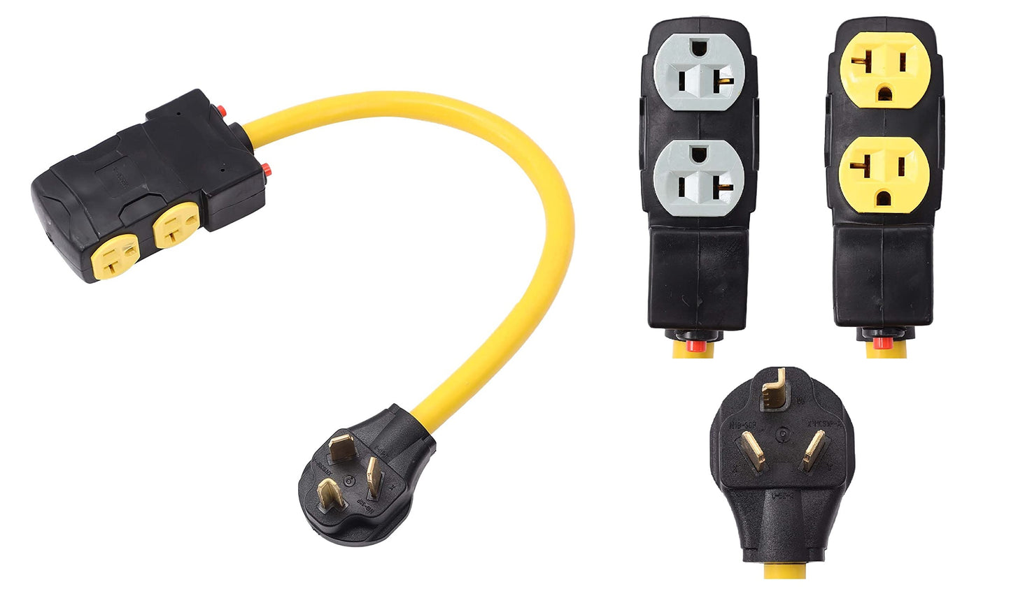 NEMA 10-30P to 4 Outlet Port 5-15R 5-20R 1.5 FT 10 AWG W/Current Protector 120/240V 3 Prong Male Plug to 120V 20 Amp Home Appliance 3 Prong Female Receptacle RV Generator Power Cord Adapter