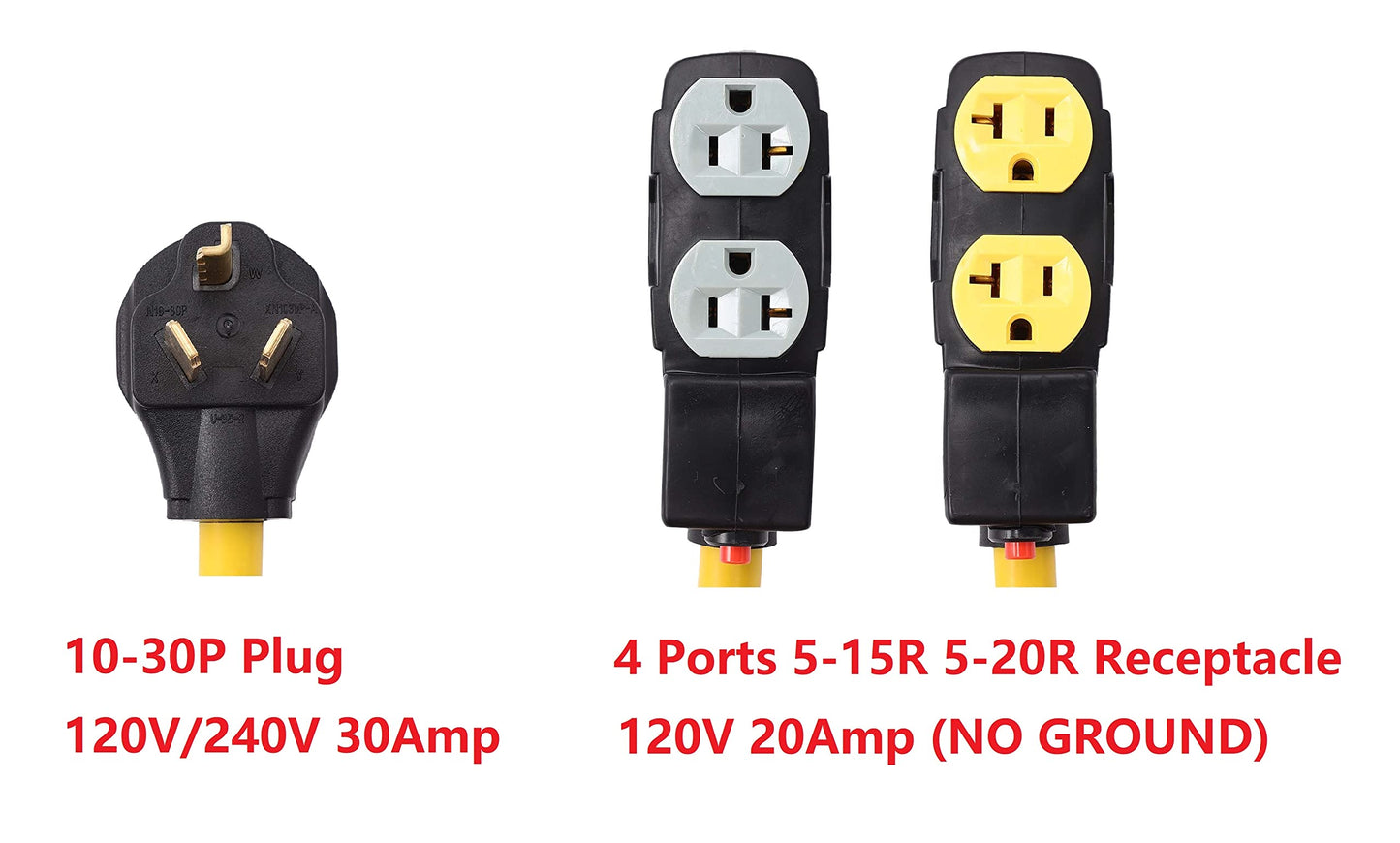 NEMA 10-30P to 4 Outlet Port 5-15R 5-20R 1.5 FT 10 AWG W/Current Protector 120/240V 3 Prong Male Plug to 120V 20 Amp Home Appliance 3 Prong Female Receptacle RV Generator Power Cord Adapter