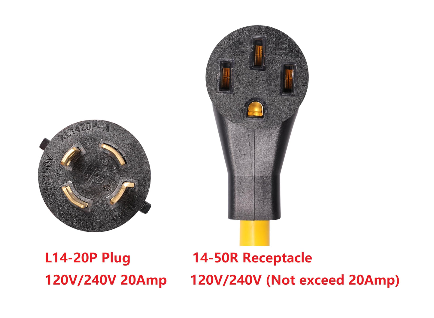 NEMA L14-20P to 14-50R 120V/240V 20 Amp Twist Lock 4 Prong Plug to 4 Prong Female Outlet Receptacle Generator RV Welder Dryer EV Charger Power Cord Adapter