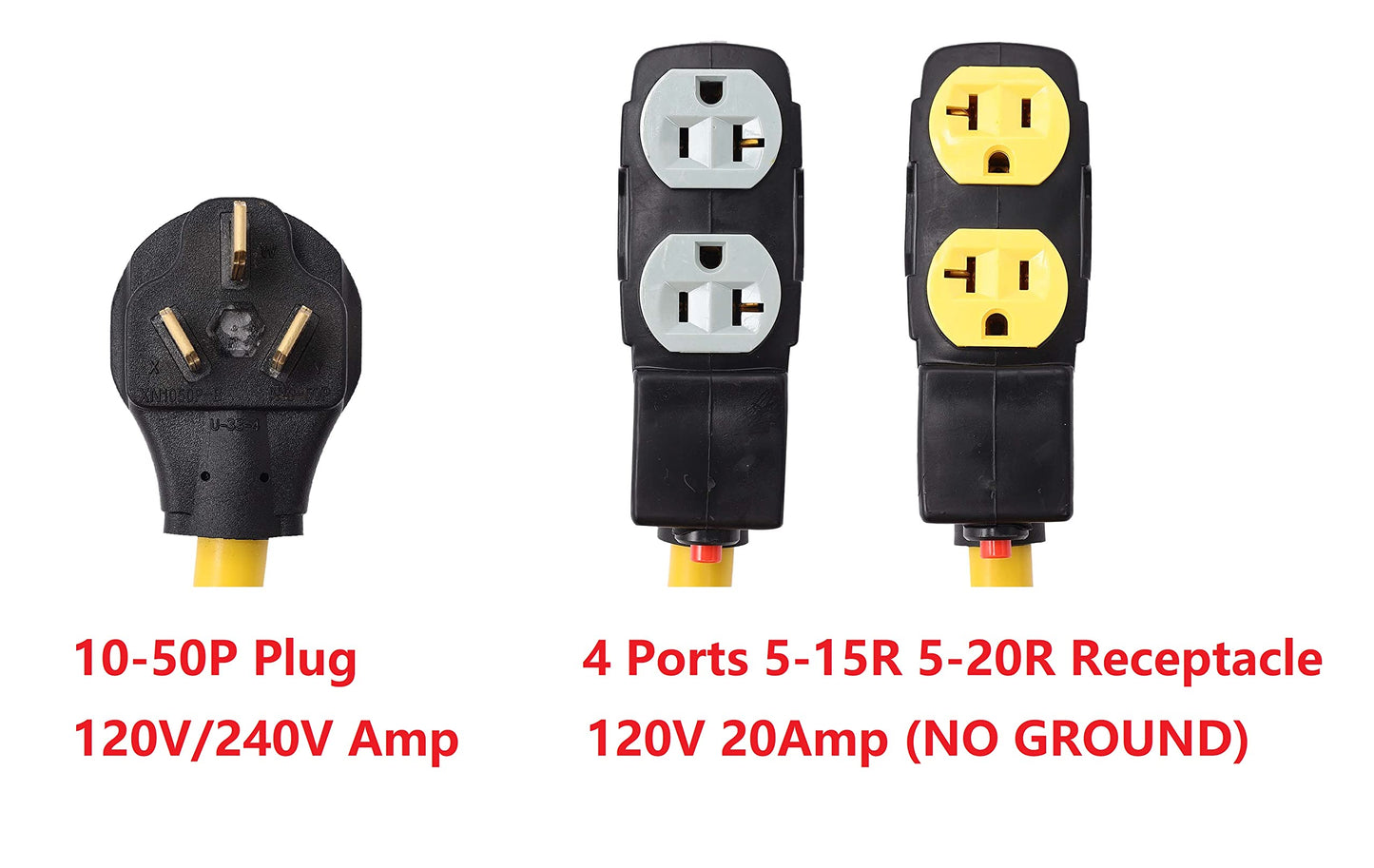 ONETAK NEMA 10-50P to 4 Outlet Port 5-15R 5-20R 1.5 FT 10 AWG W/Current Protector 120/240V 3 Prong Male Plug to 120V 20 Amp Home Appliance 3 Prong Female Receptacle RV Generator Power Cord Adapter