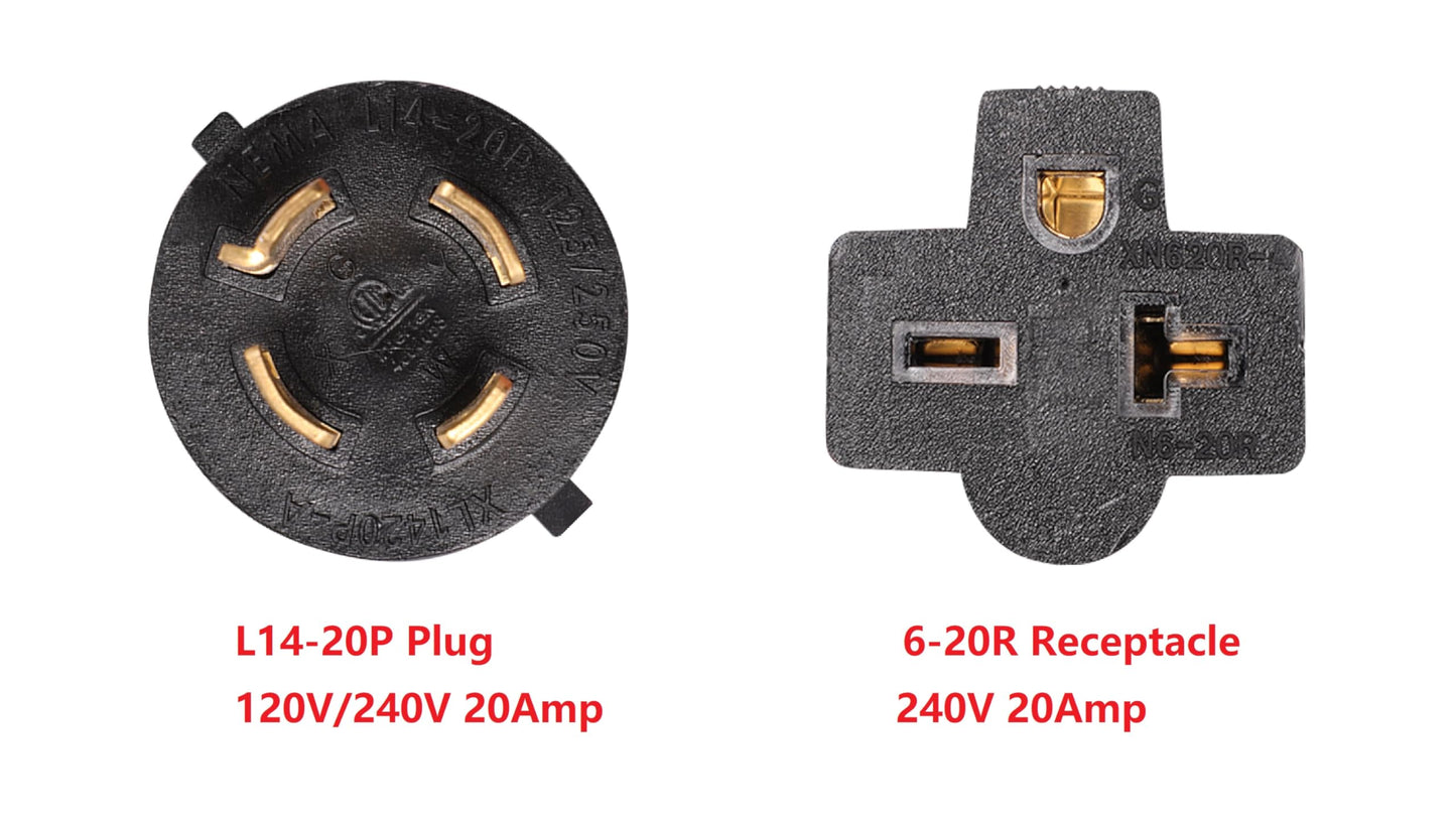 NEMA L14-20P to 6-15R 6-20R 240V 20Amp Twist Lock 4 Prong Plug Male to 3 Prong Female Receptacle RV Generator Power Cord Adapter