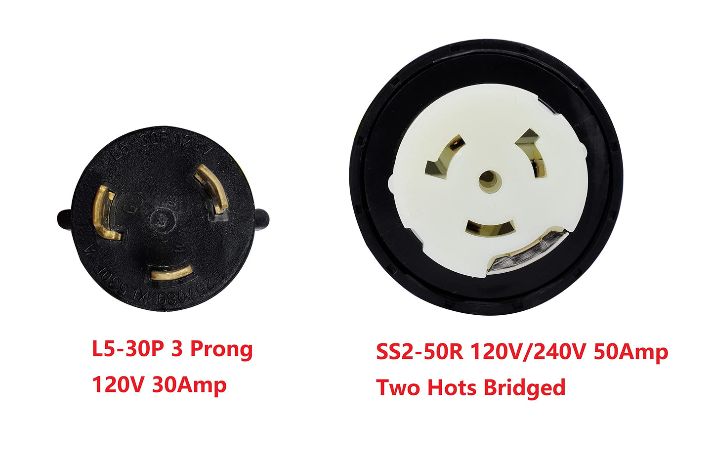 ONETAK NEMA L5-30P to SS2-50R 120V 30 Amp10 AWG 3 Prong Male Plug to 4 Prong Two Hots Bridged Twist Lock Female Outlet Receptacle RV Generator Marine Shore Power Cord Adapter