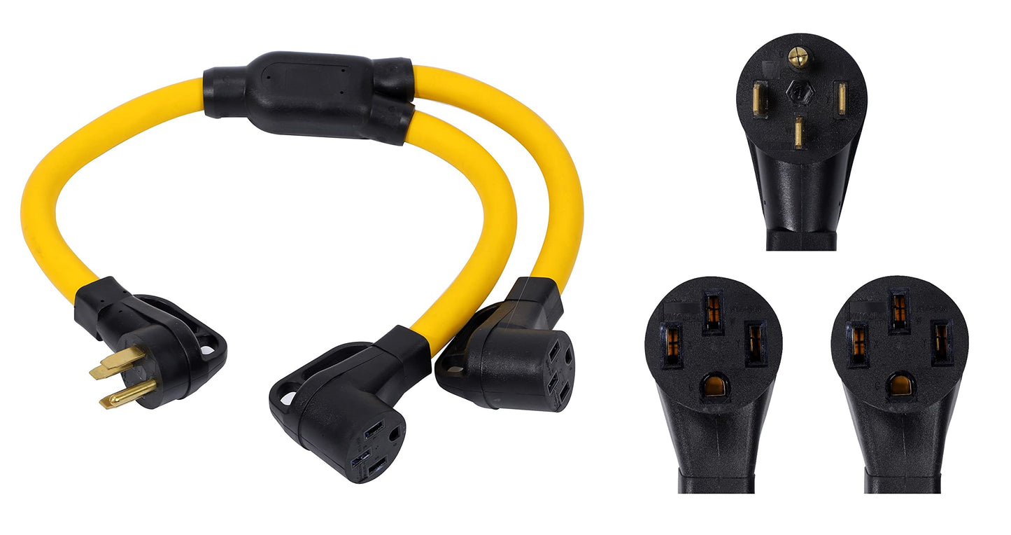 14-50P to 2 Outlet 14-50R Y Splitter 120V/240V 50 Amp 4 Prong Male Plug Female Receptacle Welder Generator Dryer RV Power Cord Adapter