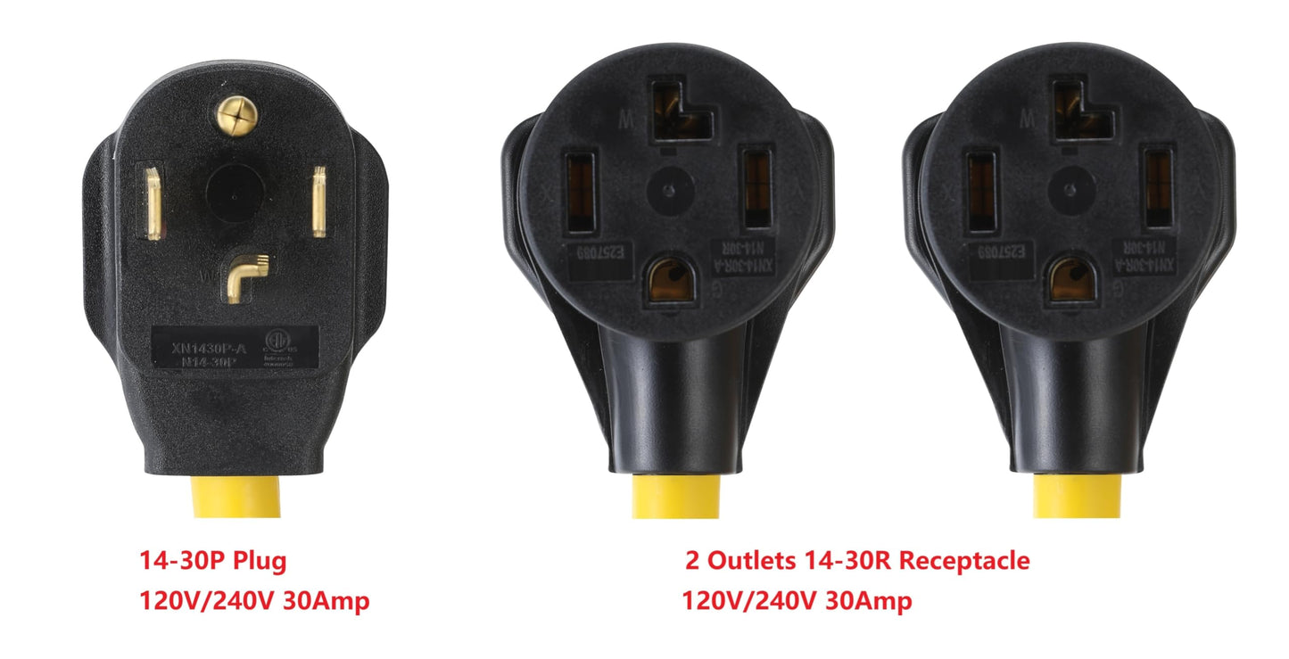 14-30P to 2 Outlet 14-30R Y Splitter 120V/240V 30 Amp 4 Prong Male Plug Female Receptacle Welder Welding Dryer Power Cord Adapter Adaptor Connector