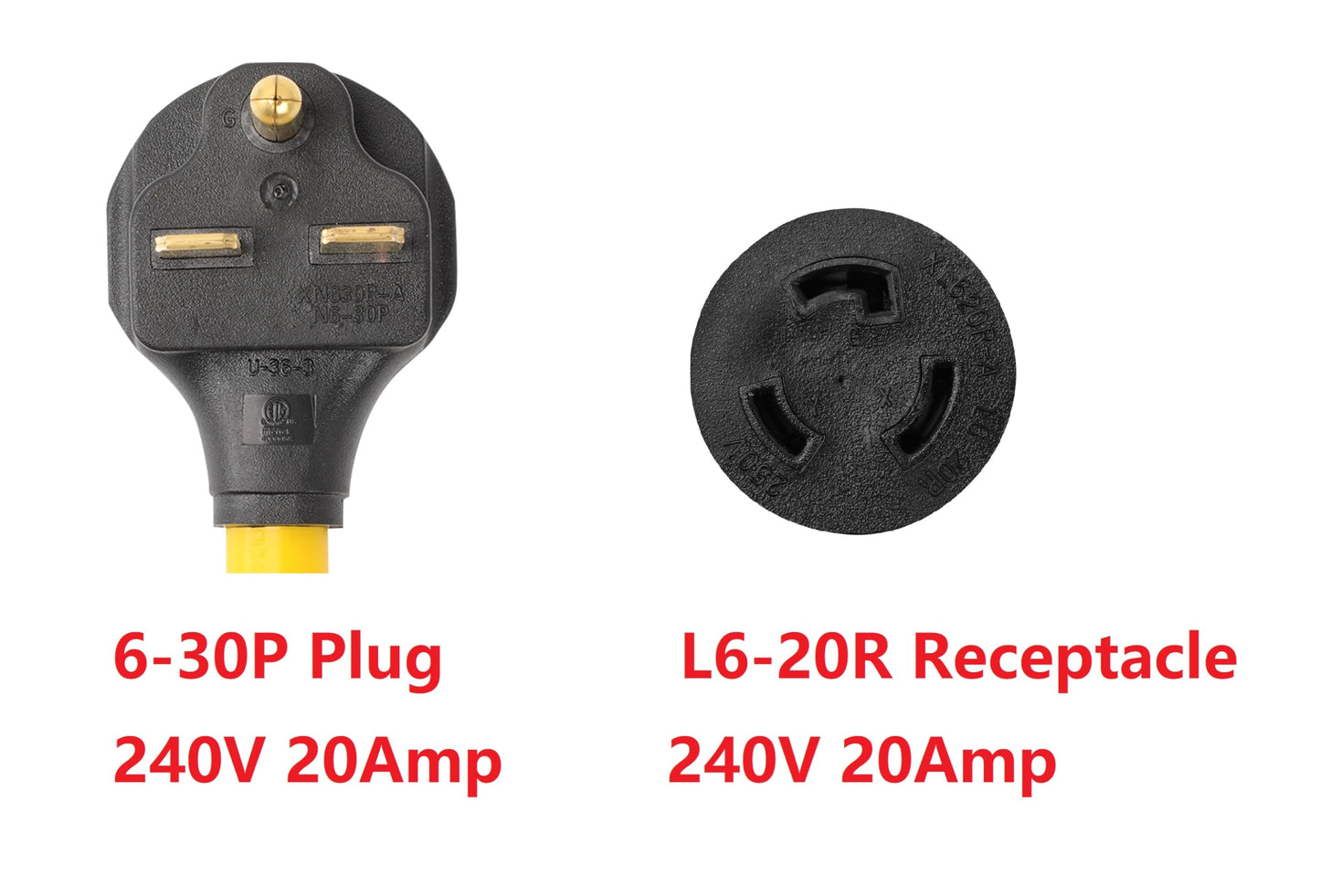 ONETAK NEMA 6-30P to L6-20R 240V 20 Amp 3 Prong Male Plug to Twist Lock 3 Prong Female Outlet Receptacle Generator Welder Dryer EV Charger Power Cord Adapter