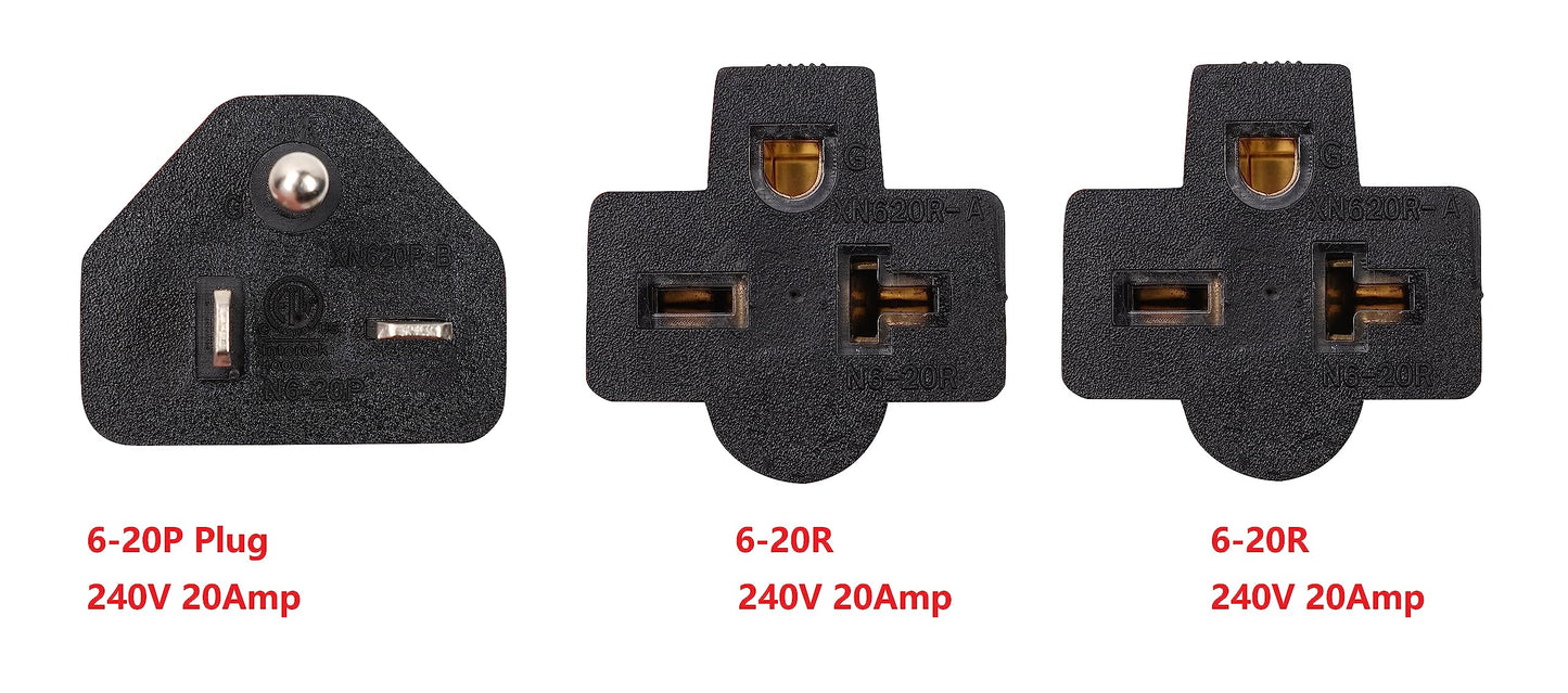 ONETAK NEMA 6-20P to 2 Outlet 6-20R Y Splitter STW 3 Feet 240V 20 Amp 3 Prong Male Plug Female Receptacle Welder Welding Dryer Power Cord Adapter Adaptor Connector
