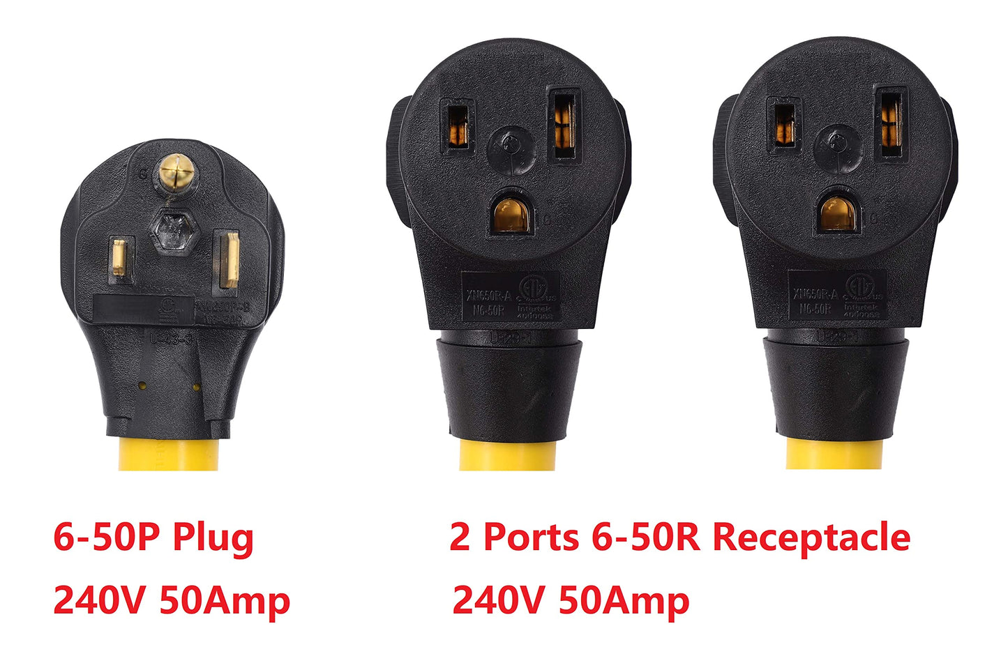 ONETAK NEMA 6-50P to 2 Outlet 6-50R Y Splitter STW 6 AWG 3 Feet 240V 50 Amp 3 Prong Male Plug Female Receptacle Welder EV Charger Dryer RV Power Cord Adapter