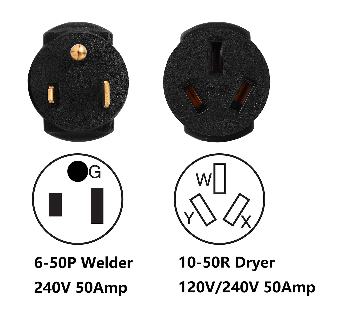 ONETAK NEMA 6-50P to 10-50R Compact 240V 50 Amp 3 Prong Male Plug to 50 Amp 3 Prong Female Receptacle Generator Dryer Power Cord Adapter Connector