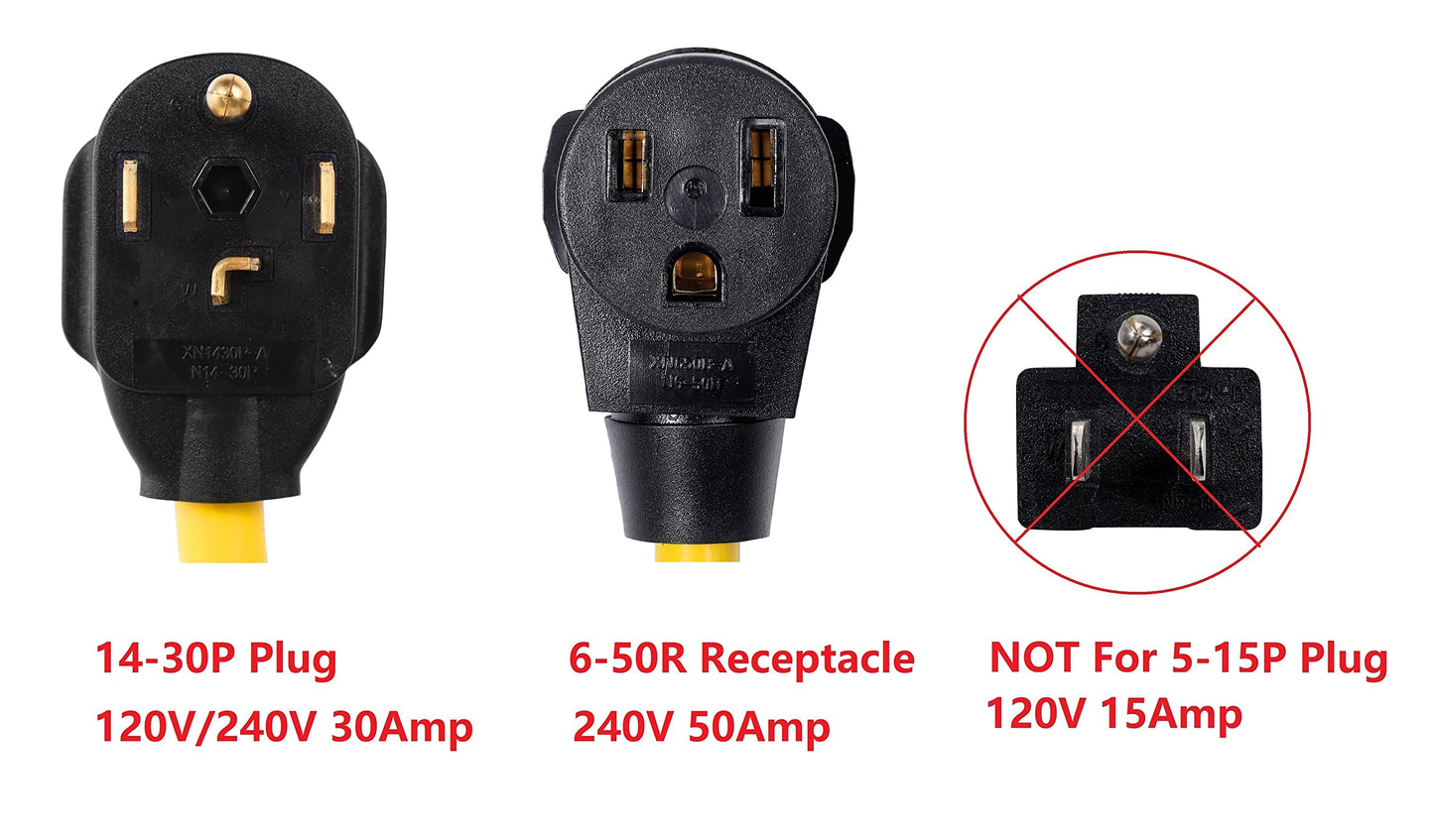 ONETAK NEMA 14-30P to 6-50R Adapter, 240V, 30 Amp 4 Prong Male Plug to 50 Amp 3 Prong Female Receptacle, for Generator, Welder, Dryer, EV Charger