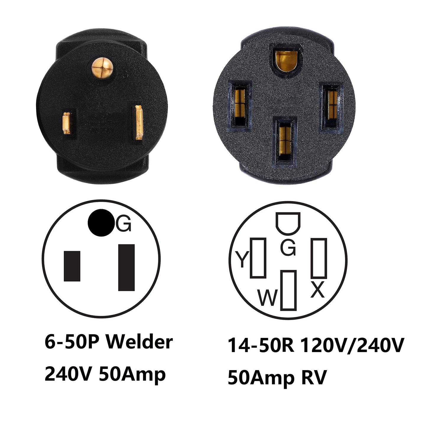 ONETAK NEMA 6-50P to 14-50R 240V Compact 50 Amp 3 Prong Male Plug to 50 Amp 4 Prong Female Receptacle Generator Welder Dryer Power Cord Adapter Connector