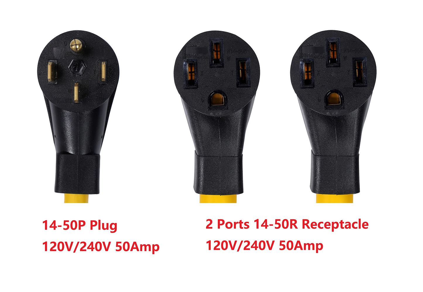 14-50P to 2 Outlet 14-50R 3 Feet Y Splitter 120V/240V 50 Amp 4 Prong Male Plug 4 Prong Female Receptacle Welder Generator Dryer RV Power Cord Adapter