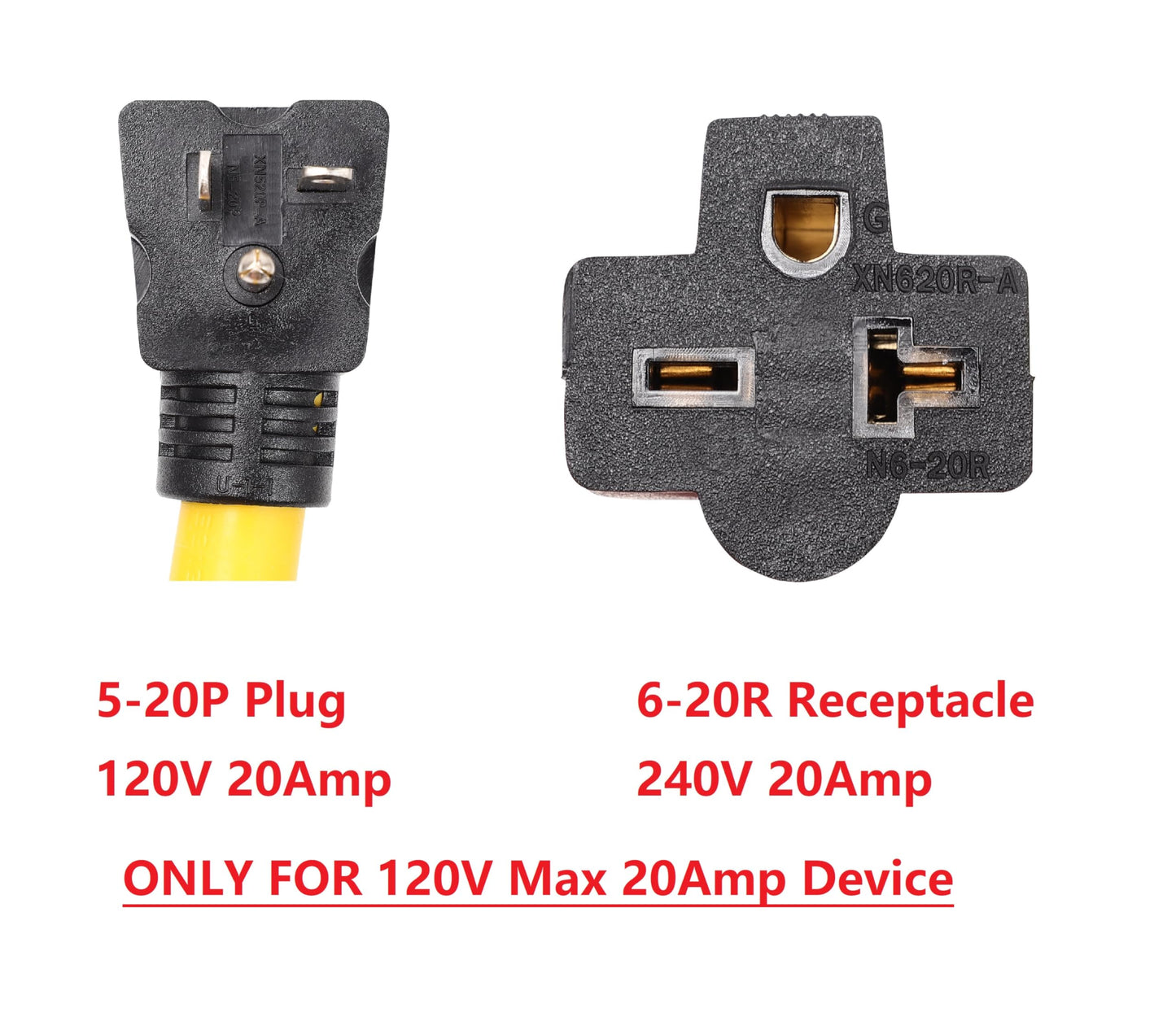 ONETAK NEMA Right Angle 5-20P to 6-15R 6-20R 120V 20 Amp 3 Prong Male Plug to 3 Prong Female Receptacle Dryer Welder Power Cord Adapter