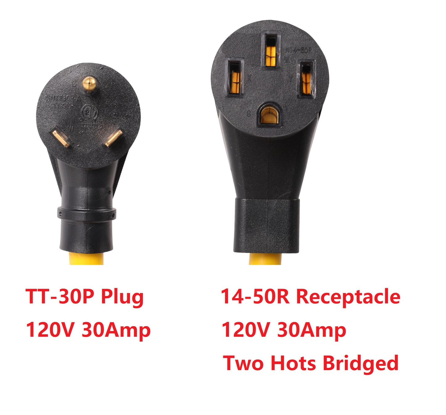 NEMA TT-30P to 14-50R 120V 30 Amp 4 FT with Overload Current Protector Two Hots Bridged 3 Prong Male Plug to 4 Prong Female Receptacle RV Extension Cable Power Cord Adapter