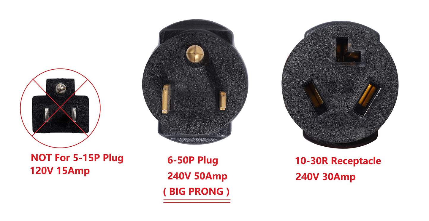 ONETAK NEMA 6-50P to 10-30R Compact 240V 50 Amp 3 Prong Male Plug to 30 Amp 3 Prong Female Receptacle Generator Dryer Power Cord Adapter Connector