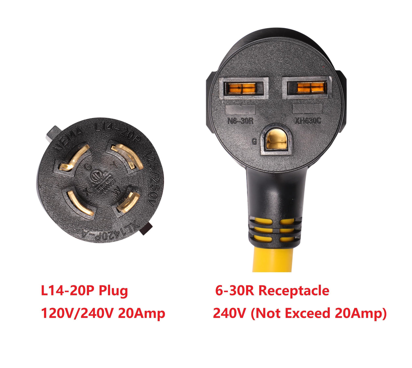 NEMA L14-20P to 6-30R 240V 20Amp Twist Lock 4 Prong Plug Male to 3 Prong Female Receptacle RV Dryer Generator Power Cord Adapter