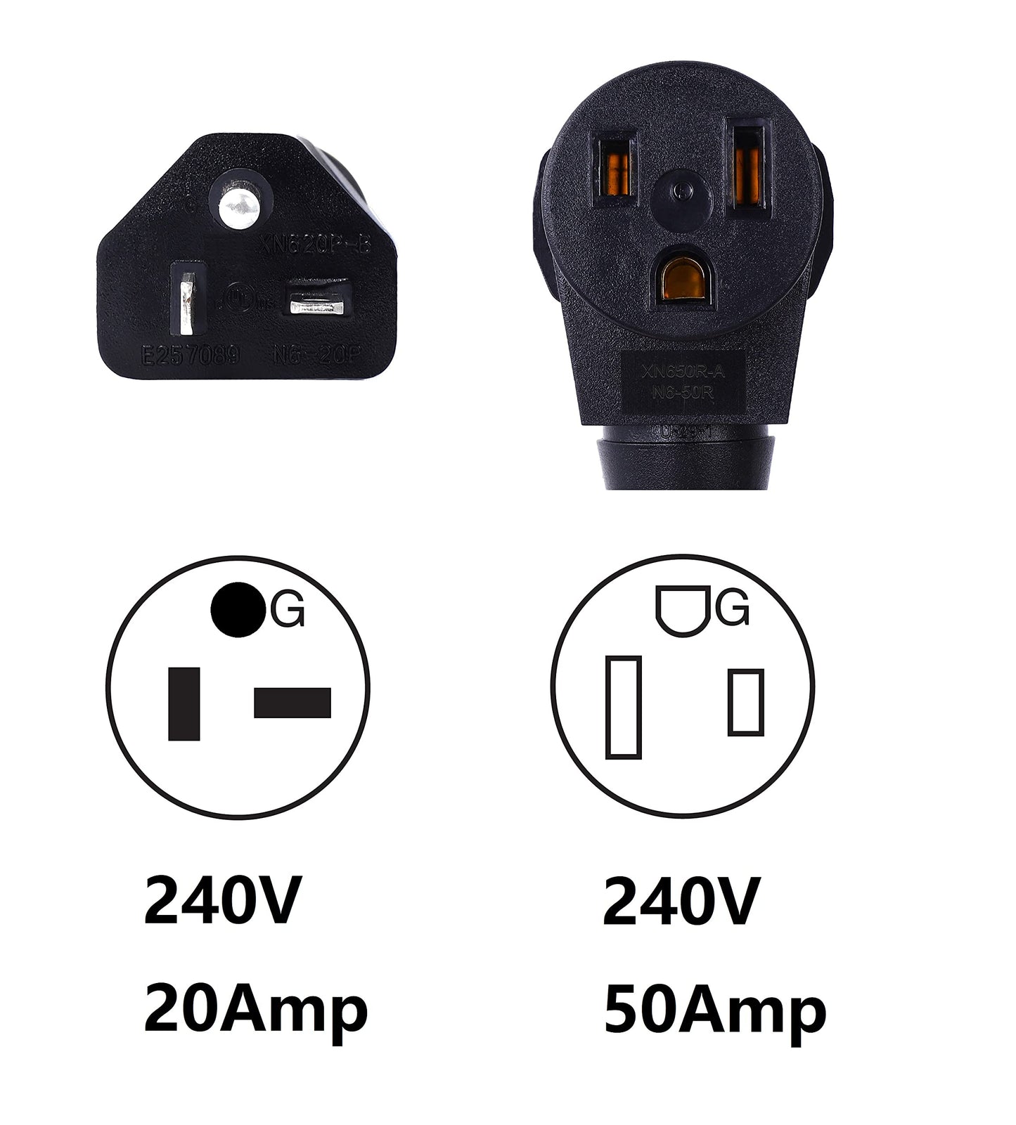 ONETAK NEMA 6-20P to 6-50R 240V 20 Amp 3 Prong Male Plug to 50 Amp 3 Prong Female Outlet Receptacle Generator Welder Dryer EV Charger Power Cord Adapter Connector