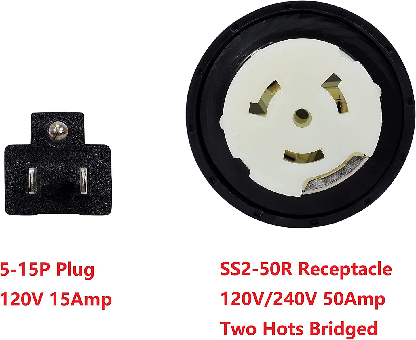 ONETAK NEMA 5-15P to SS2-50R Twist Lock 10 AWG 120V/240V Two Hots Bridged 15 Amp 4 Prong Male Plug Female Receptacle RV Generator Marine Shore Power Cord Adapter