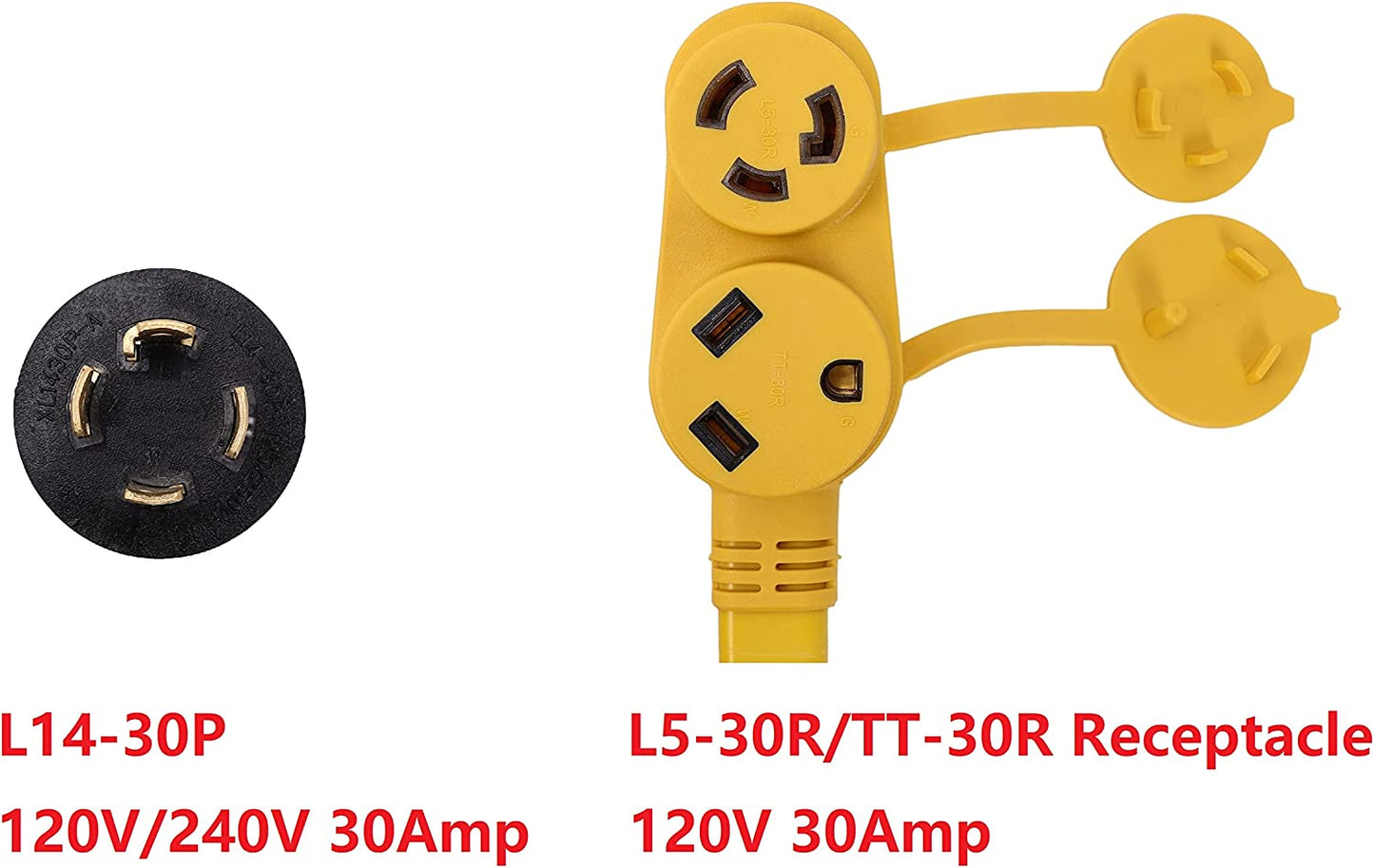 NEMA L14-30P to L5-30R/TT-30R Splitter 2 Outlet 120V 30 Amp 15 FT 10 AWG 4 Prong Male Plug to 3 Prong Twist Lock Female Receptacle RV Generator Power Cord Adapter