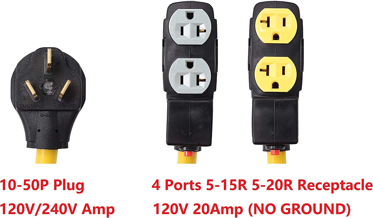 ONETAK NEMA 10-50P to 4 Outlet Port 5-15R 5-20R 1.5 FT 10 AWG W/Current Protector 120/240V 3 Prong Male Plug to 120V 20 Amp Home Appliance 3 Prong Female Receptacle RV Generator Power Cord Adapter