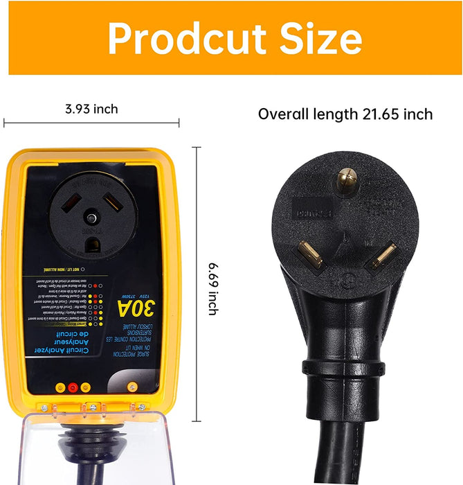 MID RV Surge Protector 30 Amp Circuit Analyzer with LED Indicator Light 30 Amp Male to 30 Amp Female for RV Trailer