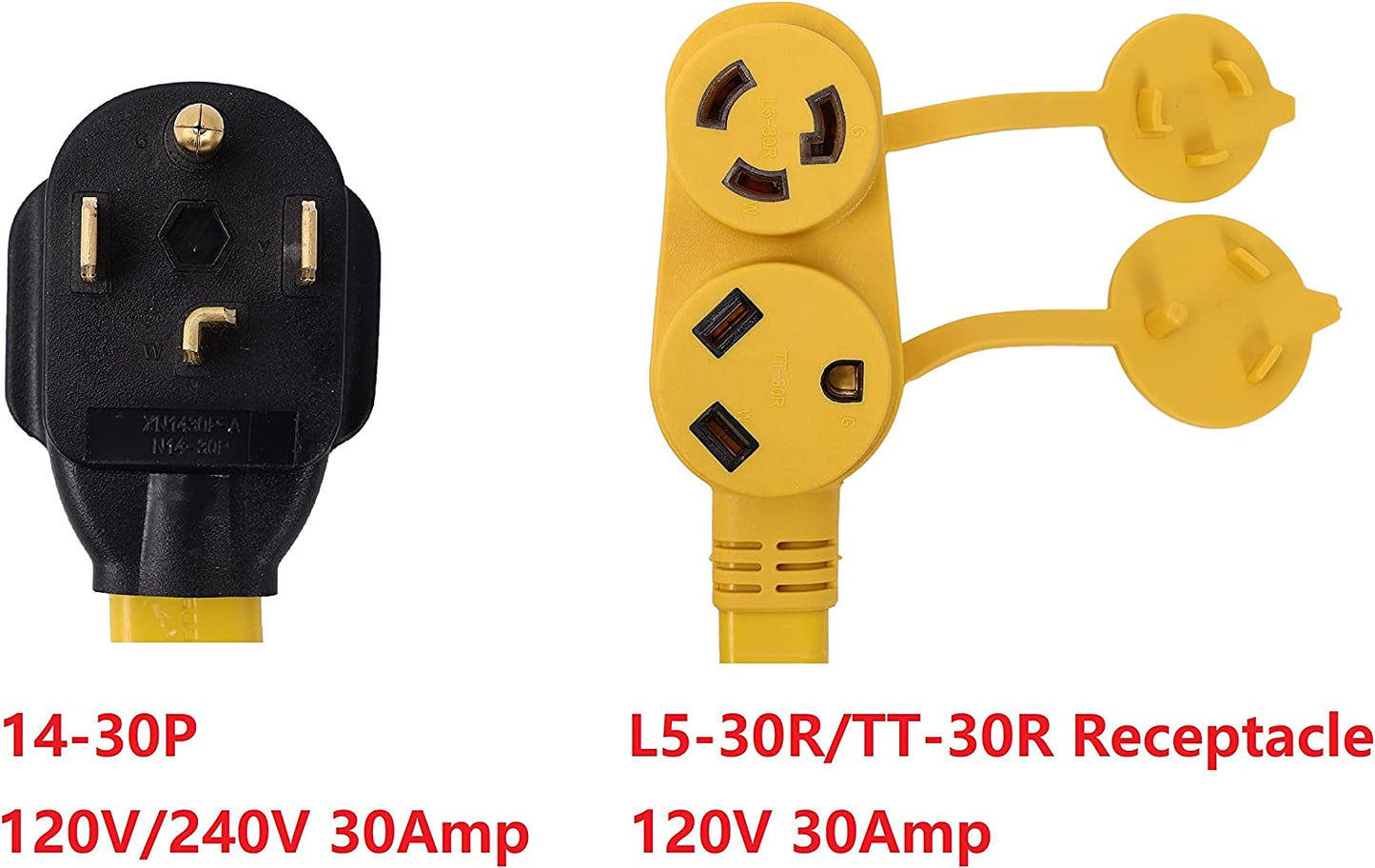 NEMA 14-30P to L5-30R/TT-30R Splitter 2 Outlet 120V 30 Amp 15 FT 10 AWG 4 Prong Male Plug to 3 Prong Twist Lock Female Receptacle RV Generator Power Cord Adapter
