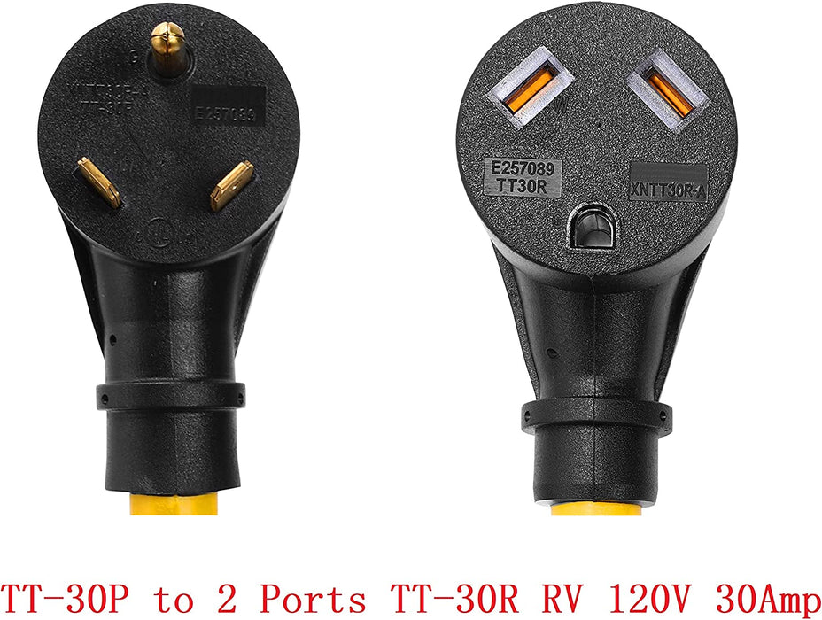 NEMA TT-30P to 2 Outlet TT-30R 3 Prong Plug Receptacle Female Y Splitter STW 3 Feet 120V 30 Amp RV Power Cord Adapter Adaptor Connector Connecter