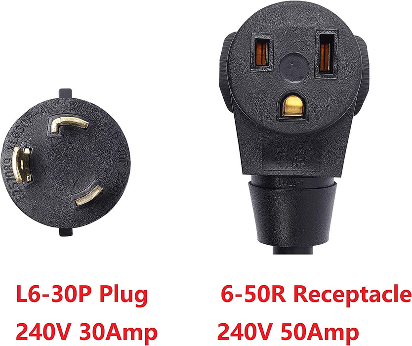 ONETAK NEMA L6-30P to 6-50R 240V 30 Amp Twist Lock 3 Prong Male Plug to 50 Amp 3 Prong Female Receptacle Generator Welder Dryer EV Charger Power Cord Adapter Connector