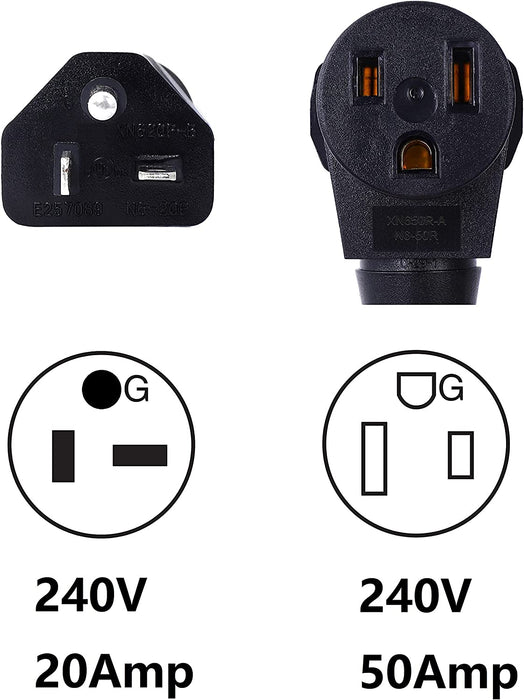 NEMA 6-20P to 6-50R 240V 20 Amp 3 Prong Male Plug to 50 Amp 3 Prong Female Receptacle Generator Welder Dryer EV Charger Power Cord Adapter Connector