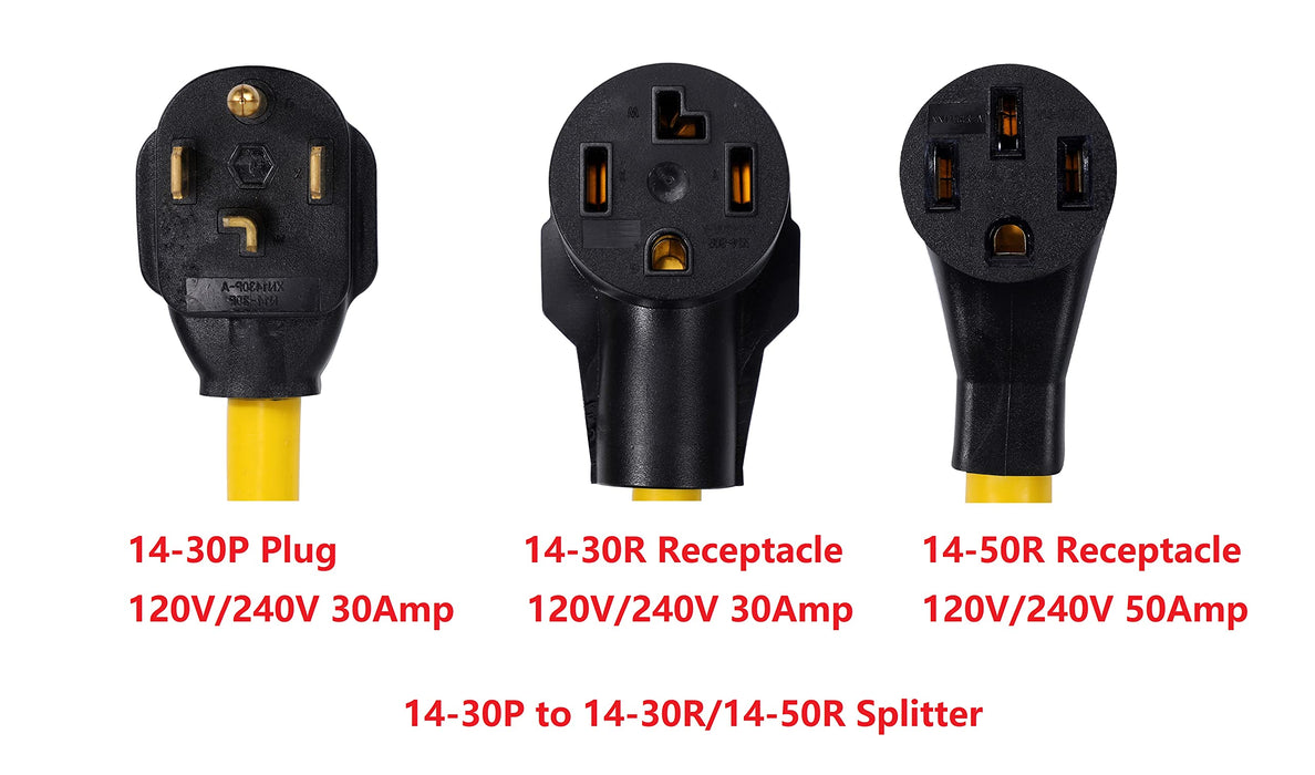 O NEMA 14-30P To 2 Outlet 14-30R 14-50R Y Splitter 3 Feet 120v 240v 30 Amp Stw 10 Awg 4 Prong Male Plug Female Receptacle Welder Rv Dryer Generator Powe